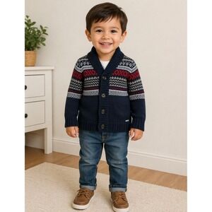 Fair Isle Tahari Boy 3T Shawl  Cardigan Sweater Navy Button Nordic Winter Scandi
